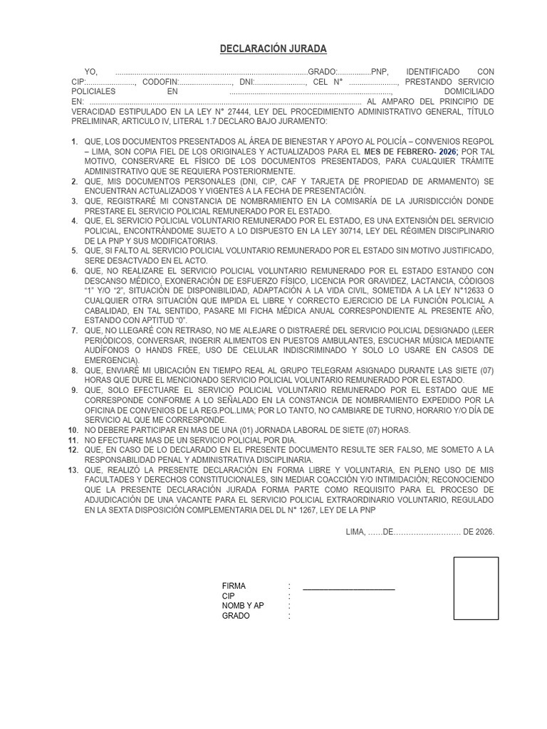 Declaración Jurada Servicio Policial 2026 | PDF