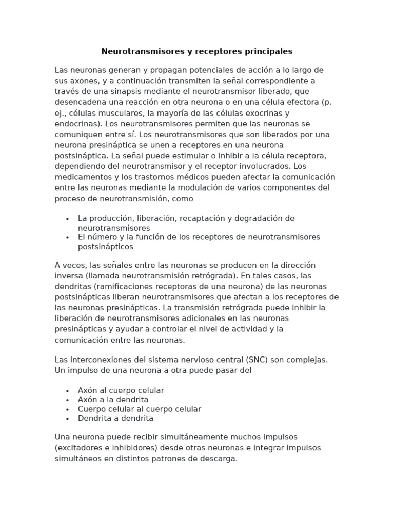 Neurotransmisores y su Función en el SNC | PDF | Sinapsis | Neurona