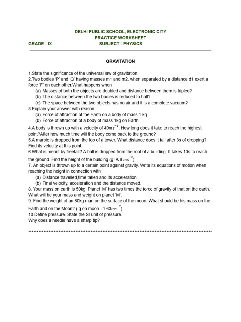Grade IX Physics Worksheet on Gravitation | PDF