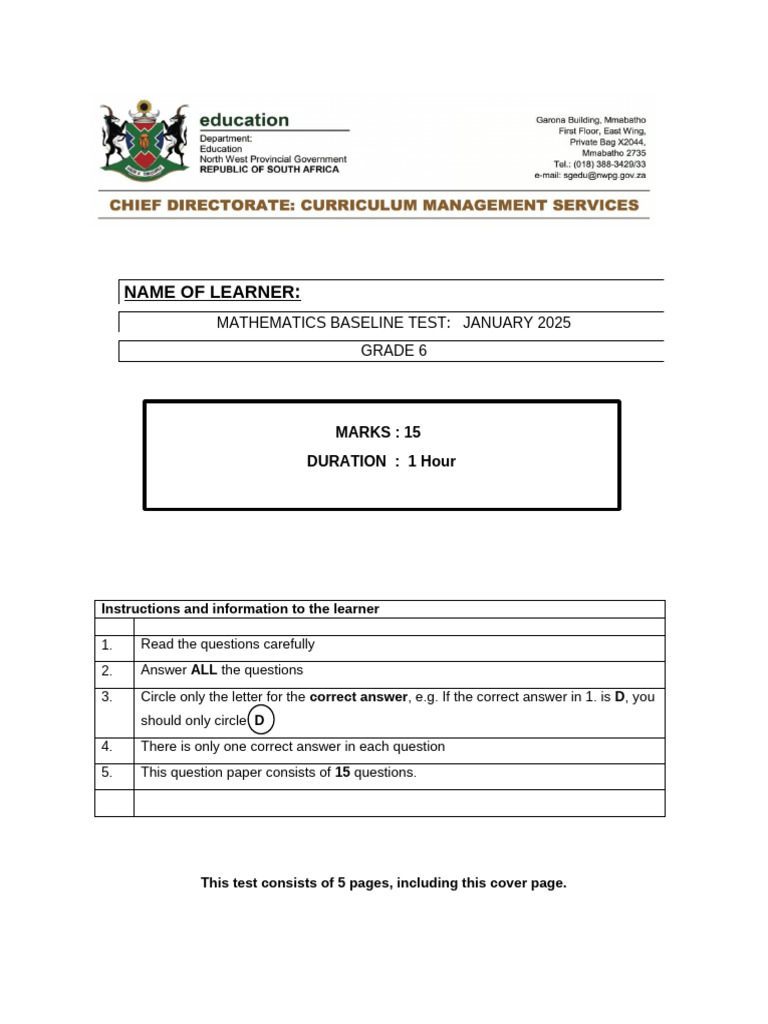 Grade 6 Term 1 2025 Mathematics Baseline Test-1 | PDF | Chess Theory ...