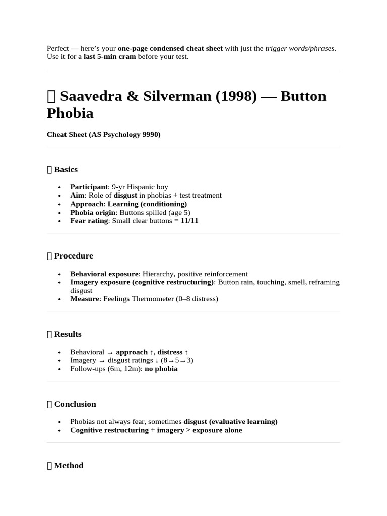 Button Phobia Study Cheat Sheet | PDF | Phobia | Cognitive Behavioral ...