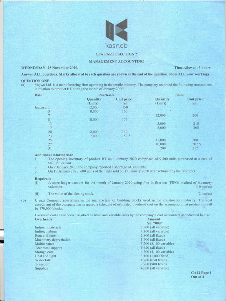 Management Accounting November 2020 Past Paper | PDF