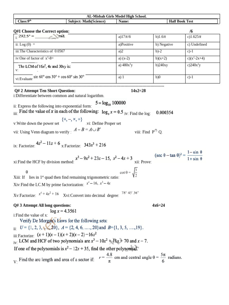 9th Grade Math Half Book Test | PDF