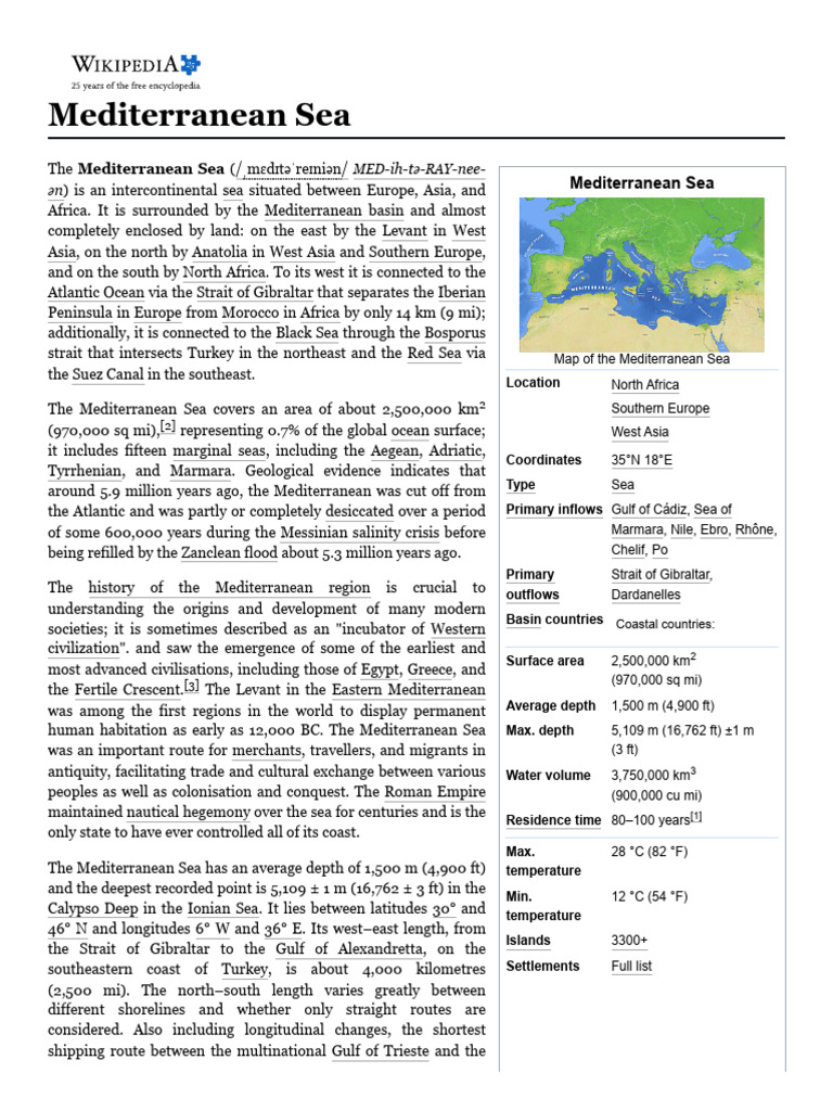 Mediterranean Sea - Wikipedia | PDF | Mediterranean Sea | Seabed
