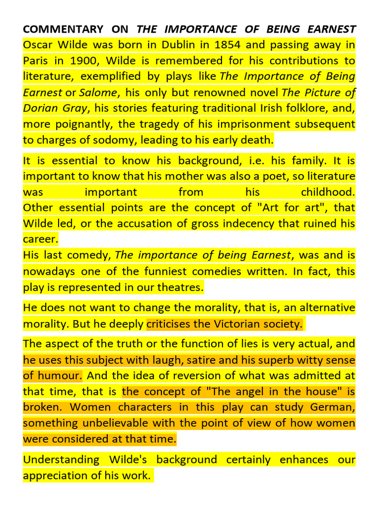 Wilde's Satirical Genius in Earnest | PDF | The Importance Of Being ...