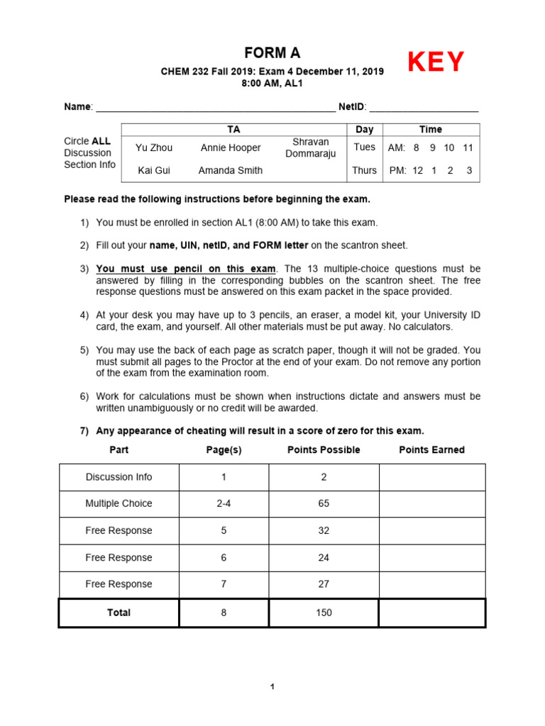 Chem 232 Exam 4 Instructions and Questions | PDF | Chemical Reactions ...