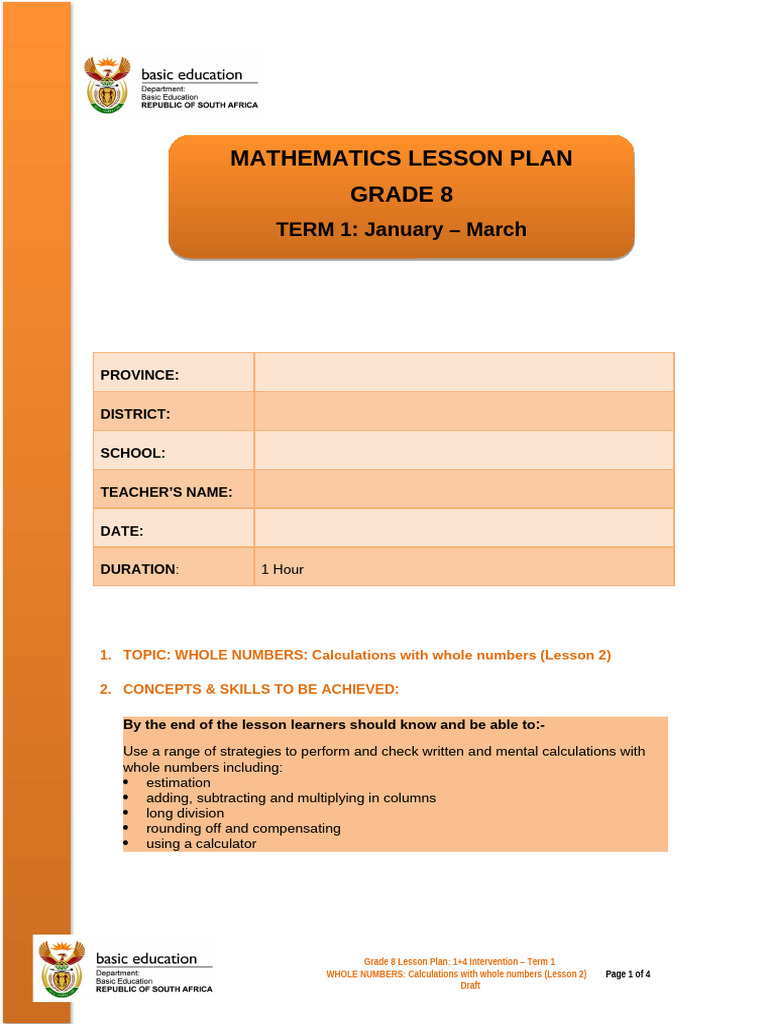 Grade 8 Whole Numbers Lesson Plan | PDF | Lesson Plan | Multiplication