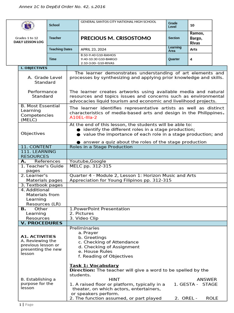 Understanding Roles in Stage Production | PDF | Learning | Actor