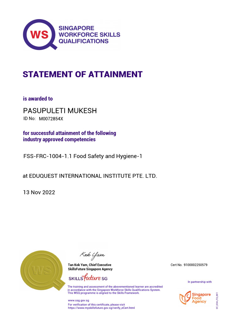 Food Safety and Hygiene Certificate | PDF