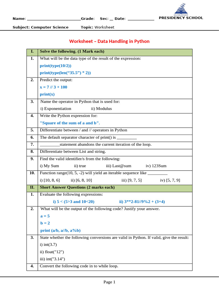 Python Data Handling Worksheet | PDF | Computer Programming