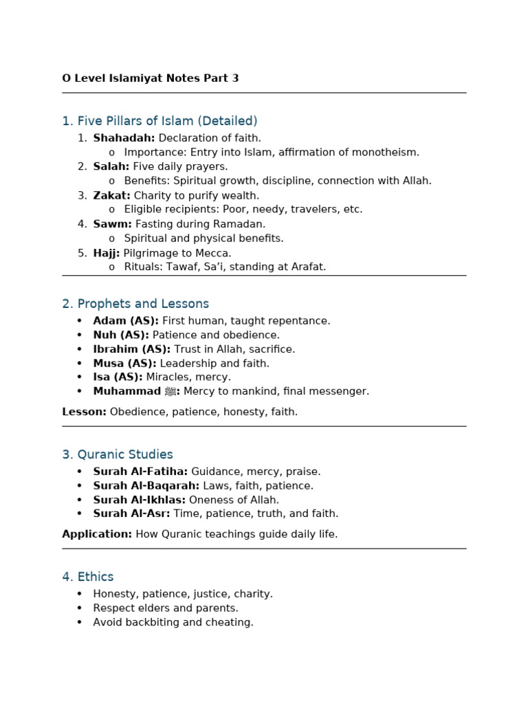 O Level Islamiyat Notes Overview | PDF