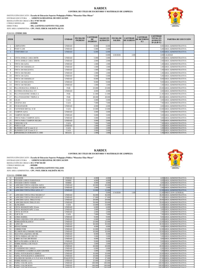 Kardex de Útiles y Materiales 2026 | PDF