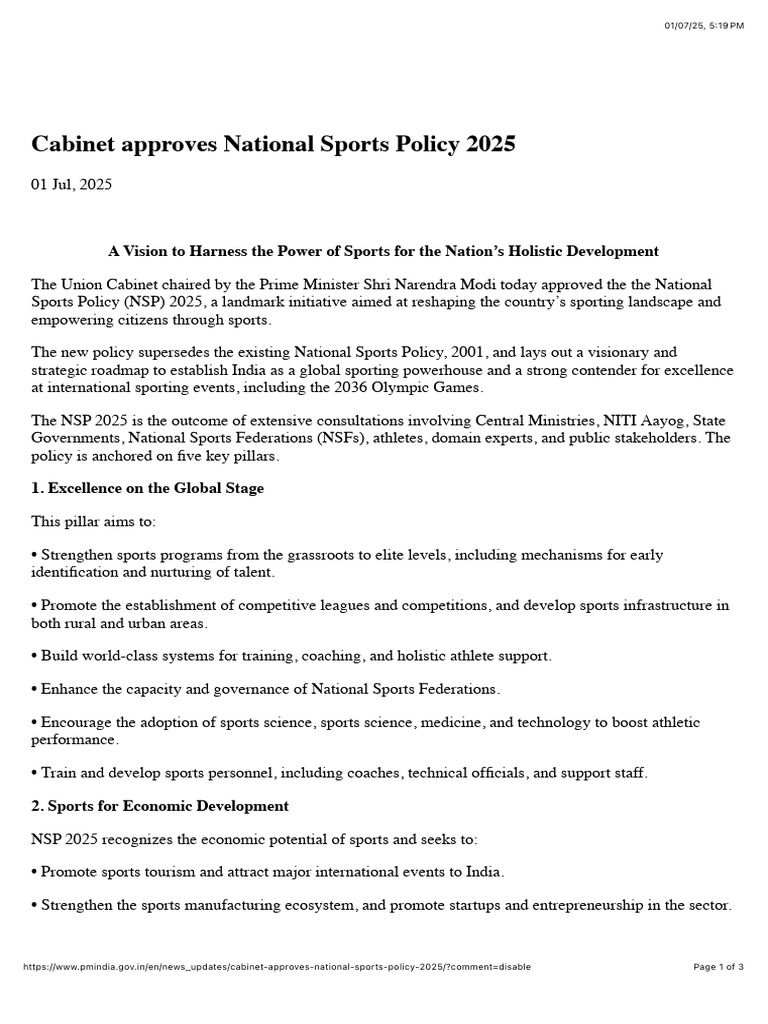 Cabinet Approves National Sports Policy 2025 Prime Minister of India ...