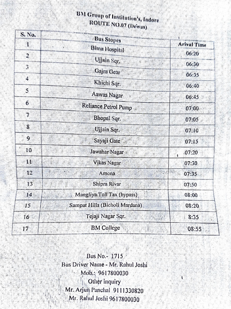 Bus Routes BM College Indore | PDF