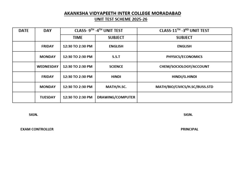 Akanksha Vidyapeeth Unit Test Schedule 2025-26 | PDF