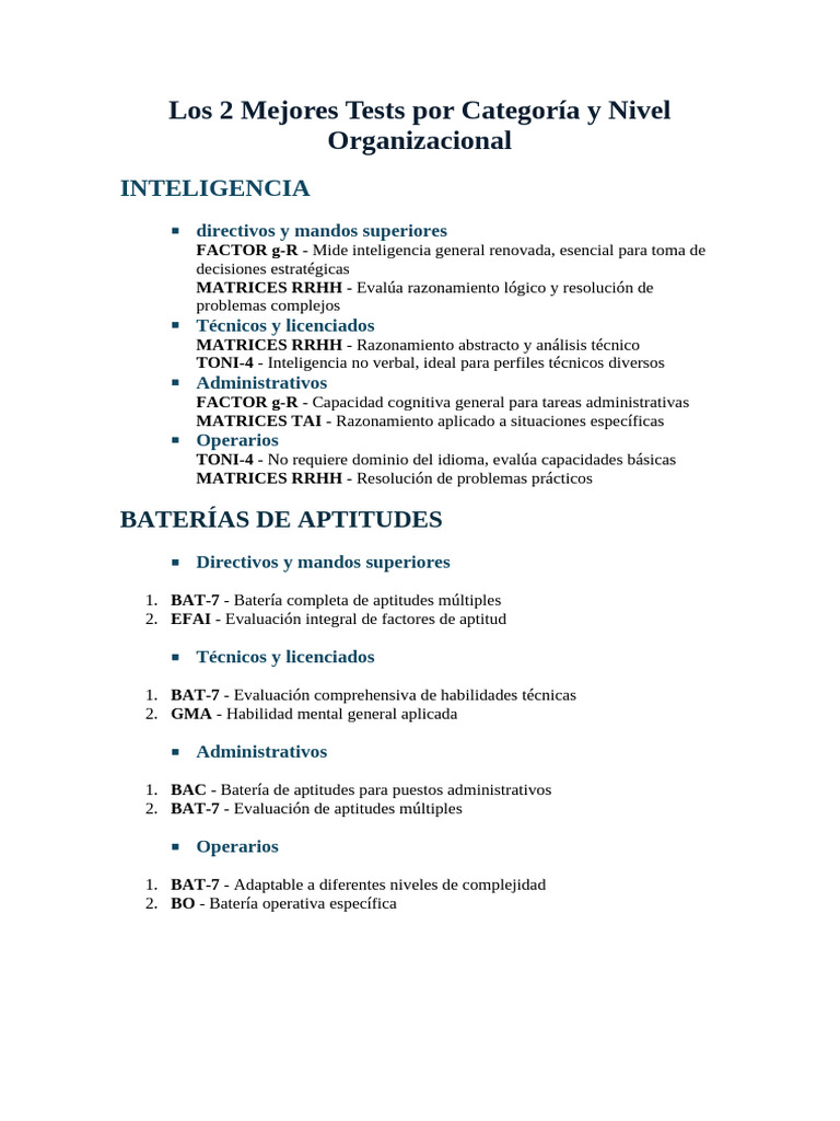 Los 2 Mejores Tests Por Categoría y Nivel Organizacional | PDF ...