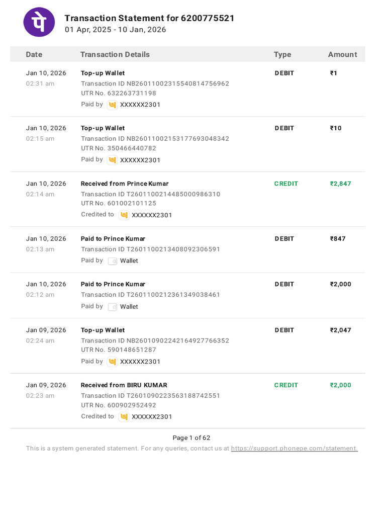 PhonePe Transaction Statement 2025-2026 | PDF | Credit Card | Debit Card