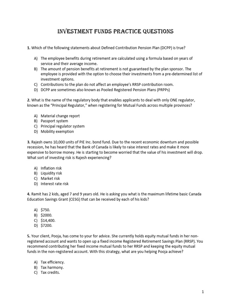 Investment Funds Practice Questions Guide | PDF | Investment Fund ...
