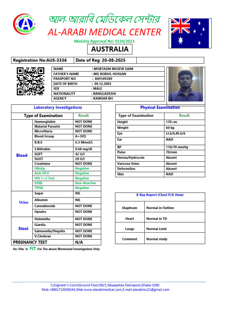 Medical Examination Report for Mubtasin | PDF | Medical