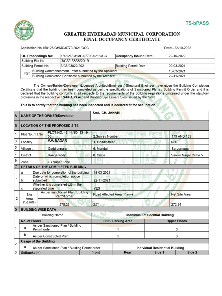 Final Occupancy Certificate GHMC 2022 | PDF