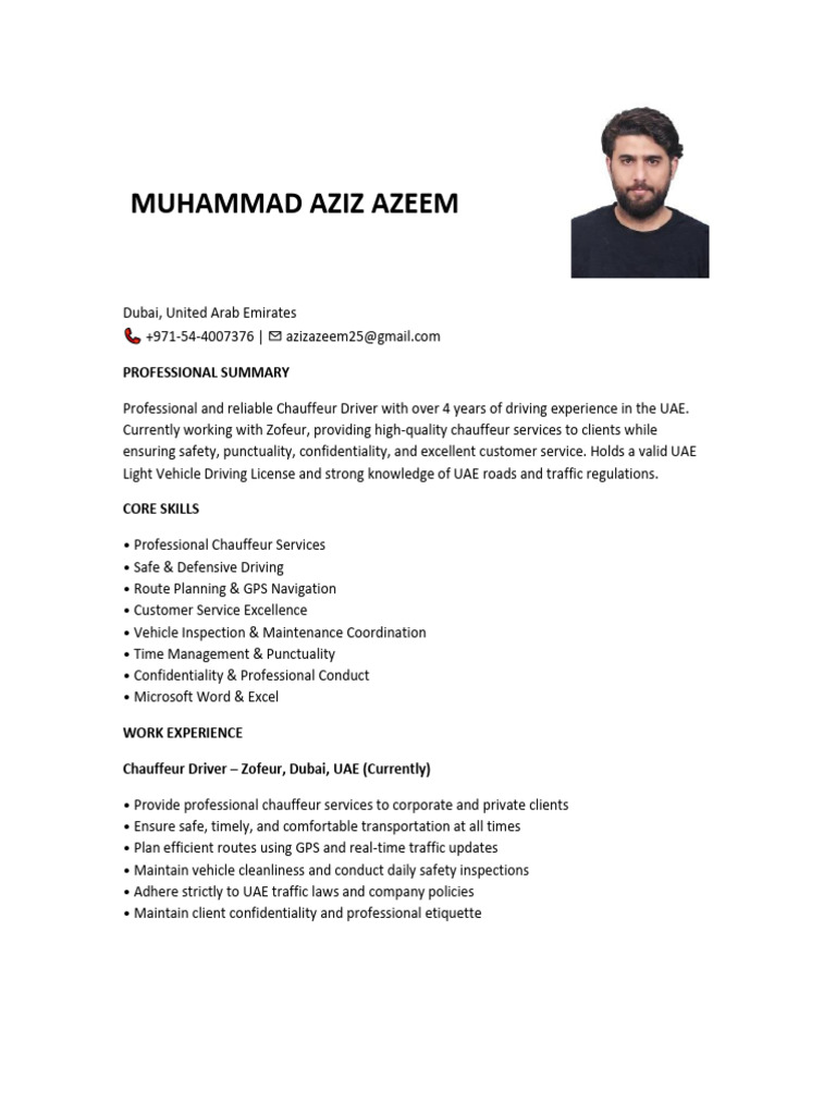 Muhammad Aziz Azeem Chauffeur Driver CV | PDF | United Arab Emirates ...