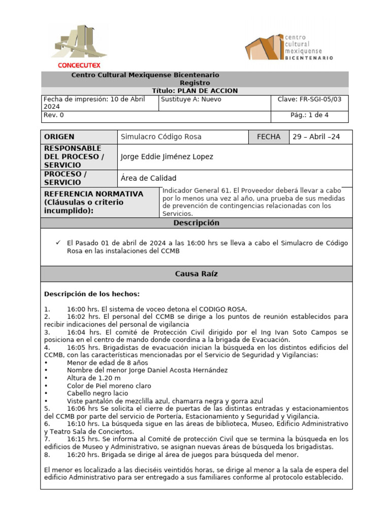 Plan de Acción Simulacro Código Rosa | PDF