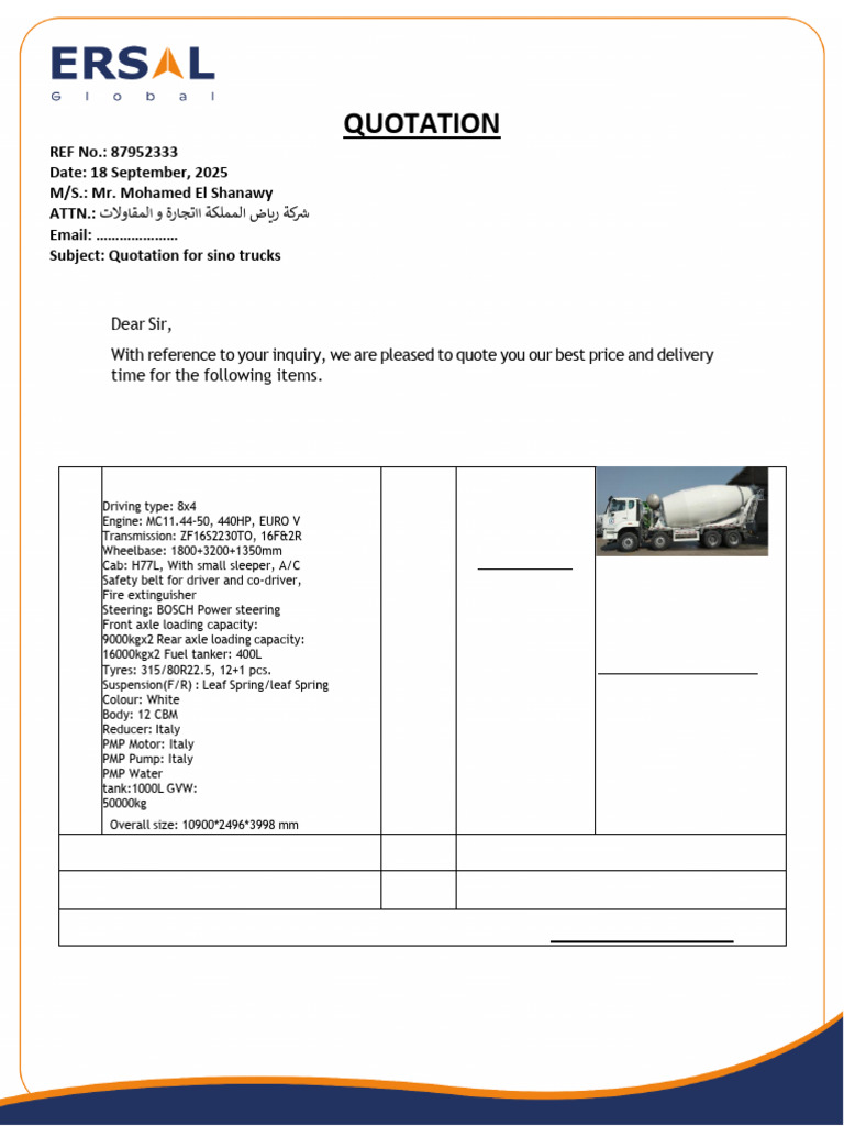Quotation for HOWO-NX 8x4 Mixer Truck | PDF