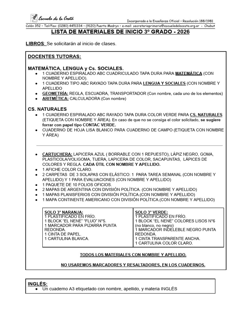 Lista de Materiales 3º Grado 2026 | PDF | Papelería | Materiales de ...