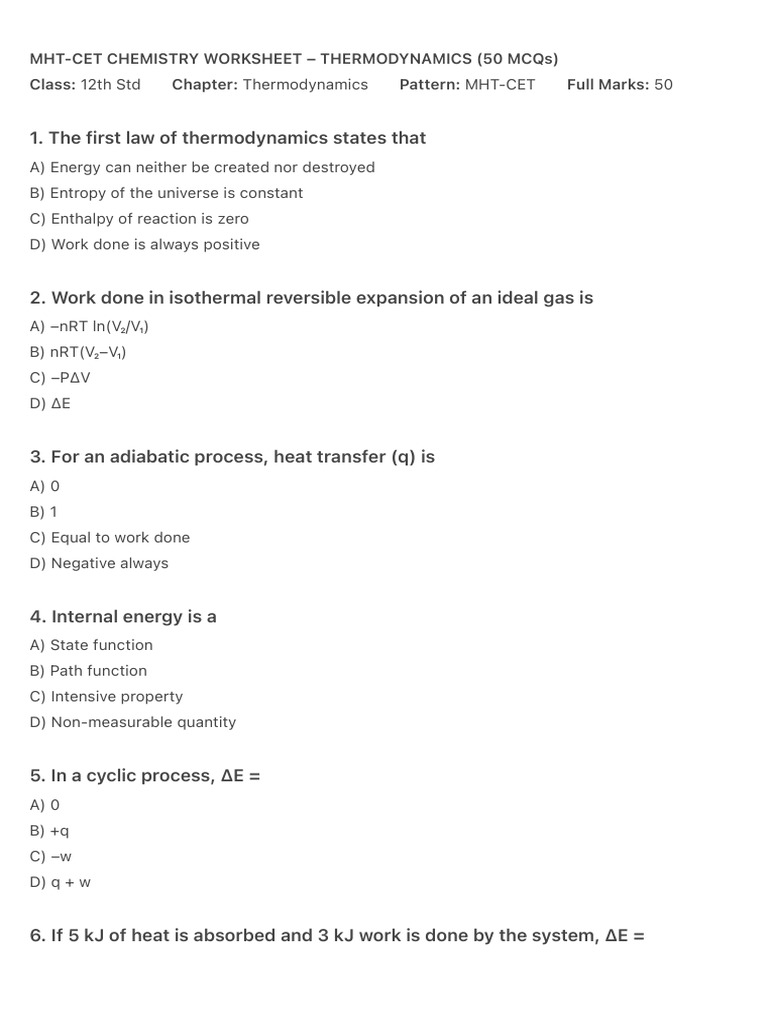 MHT-CET Thermodynamics MCQs Worksheet | PDF | Thermodynamics | Applied ...