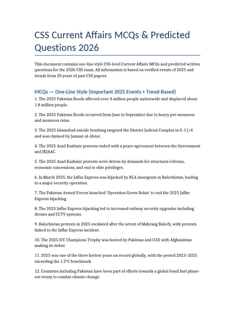 CSS 2026 Current Affairs MCQs & Insights | PDF | Pakistan ...