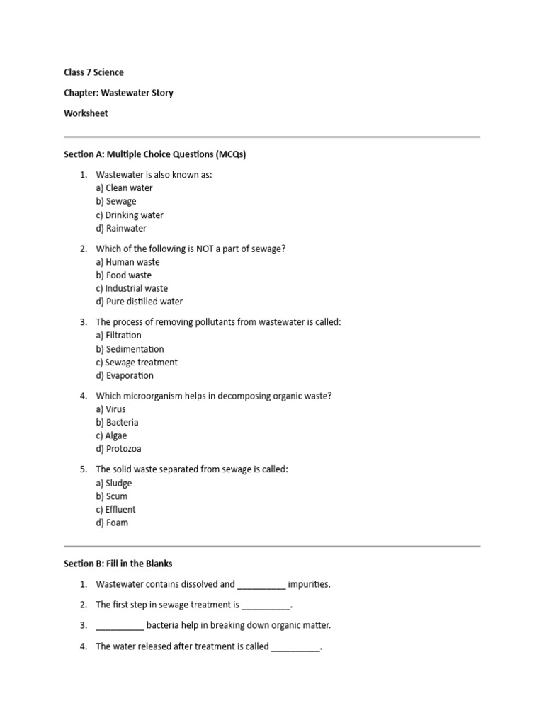 Wastewater Treatment Worksheet for Class 7 | PDF