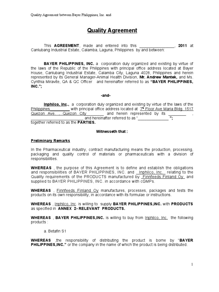 Bayer-Inphilco Quality Agreement | PDF | Government | Industries
