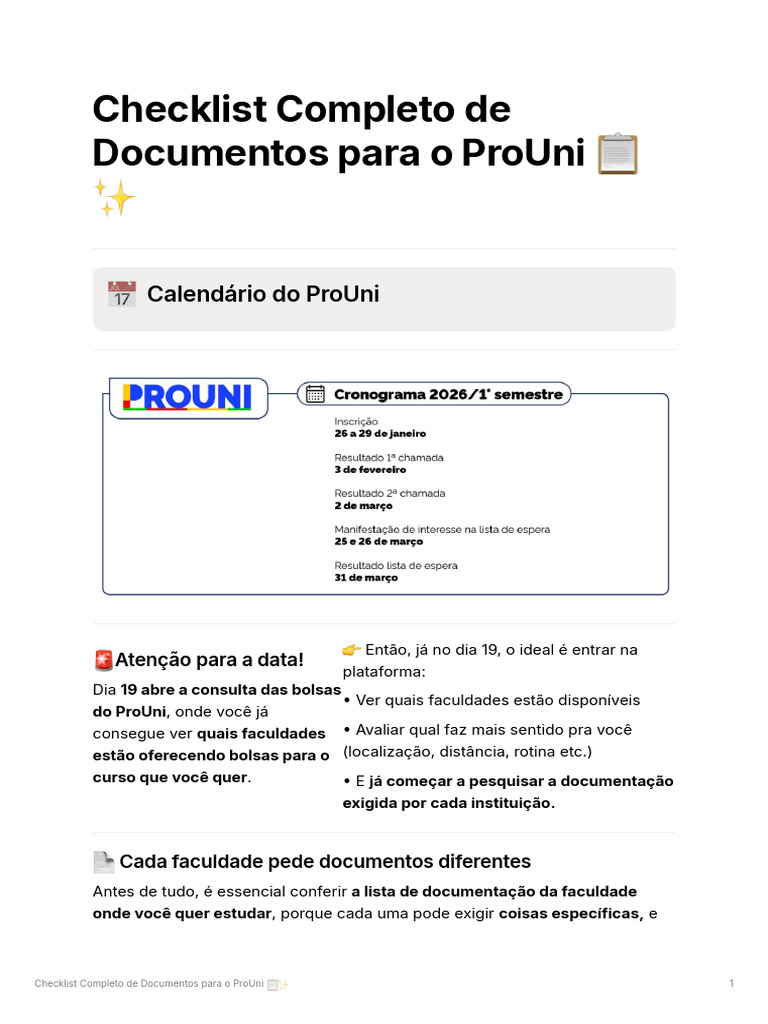 Checklist Completo de Documentos para o ProUni | PDF