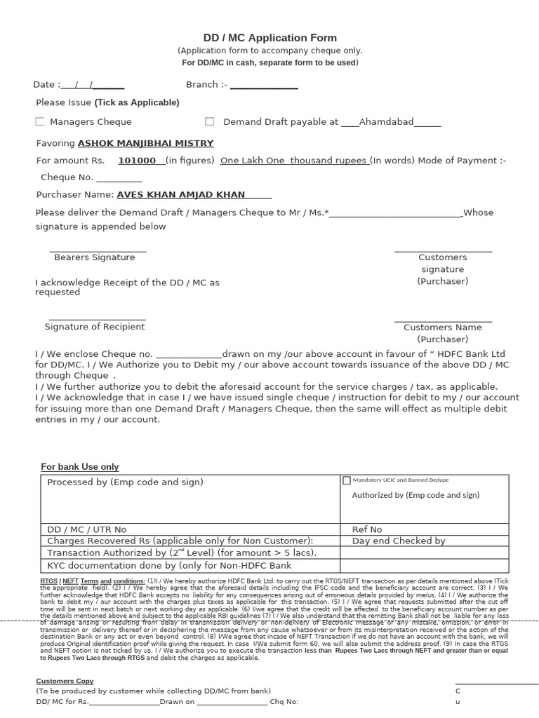 HDFC Demand Draft & Manager's Cheque Form | PDF | Cheque | Debit Card