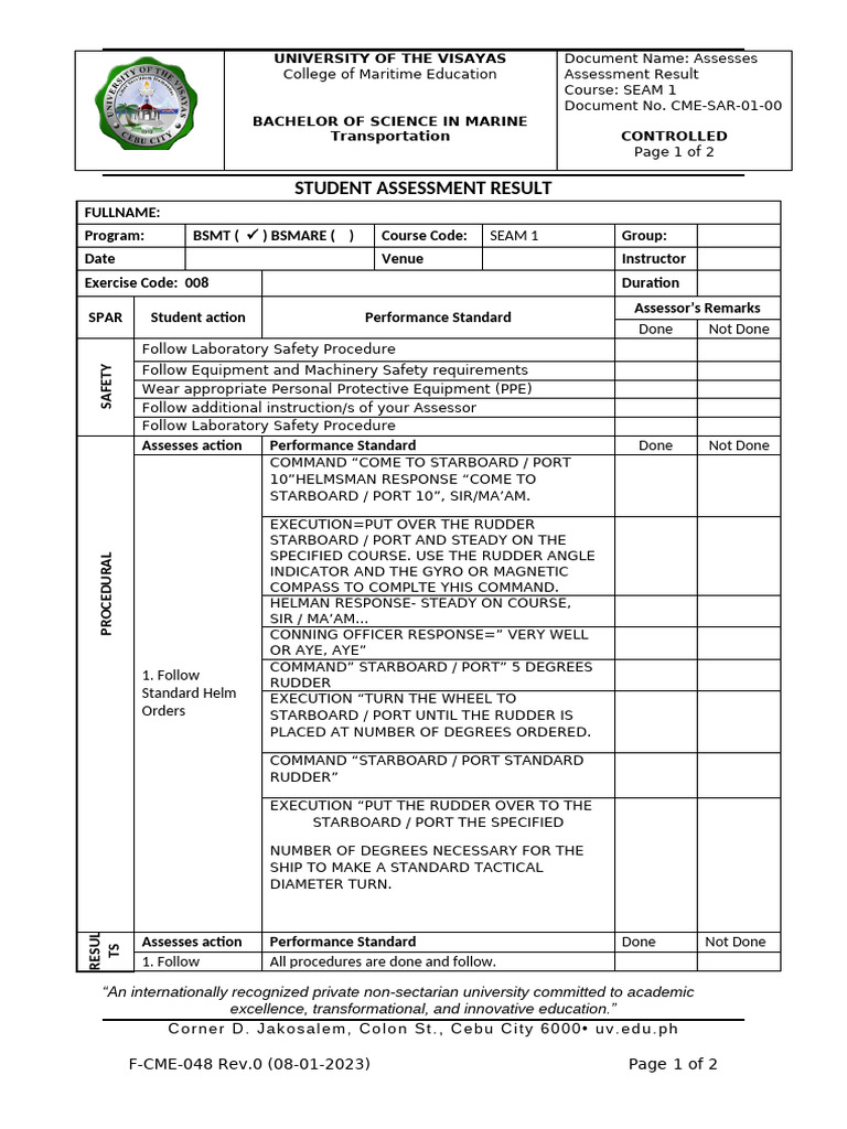 HELMS ORDER F CME 048 Rev. 0 Assesses Assessment Result Form 005 | PDF ...