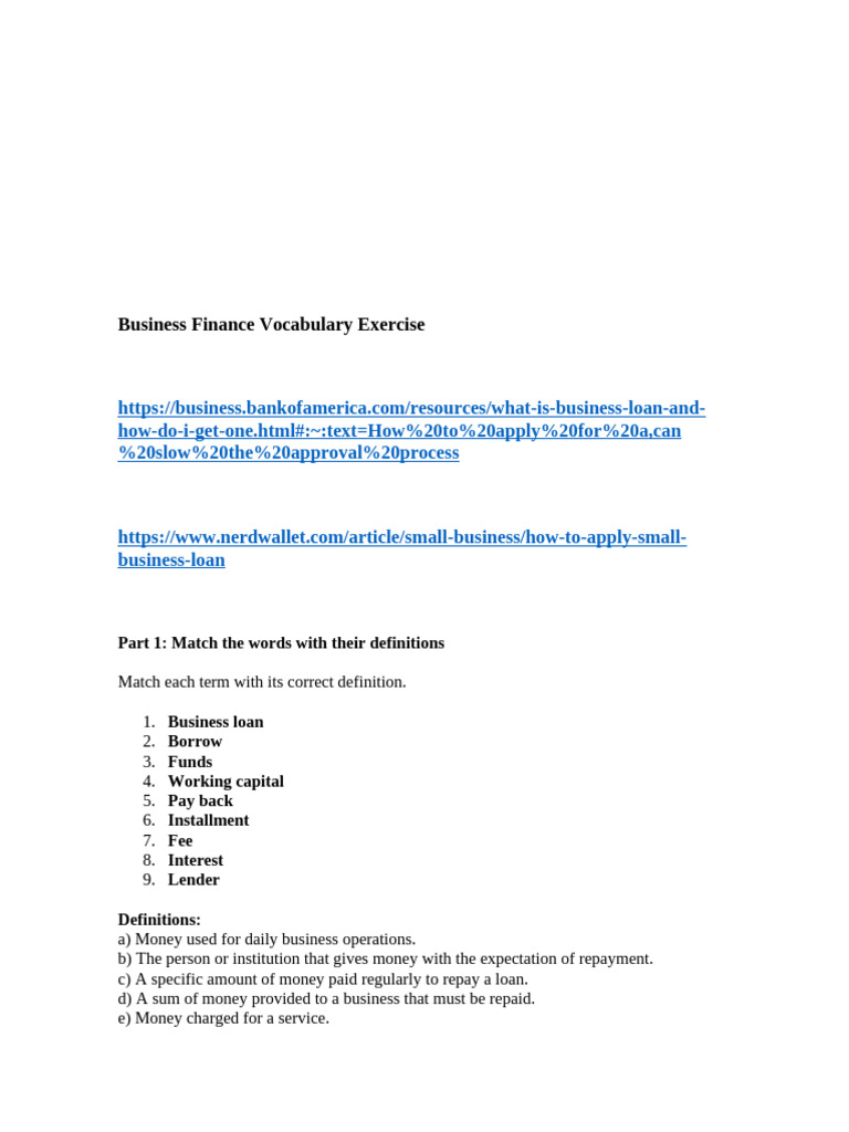 Business Finance Vocabulary Exercise | PDF | Loans | Interest