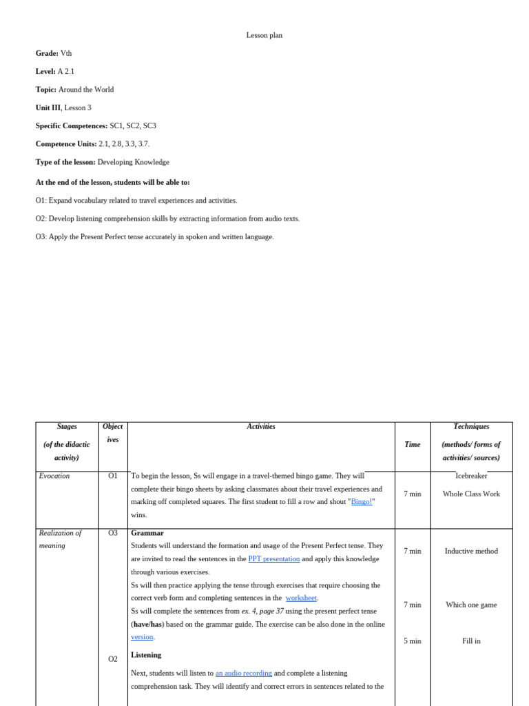 Vth Grade Lesson Plan: Present Perfect Tense | PDF | Linguistics | Grammar