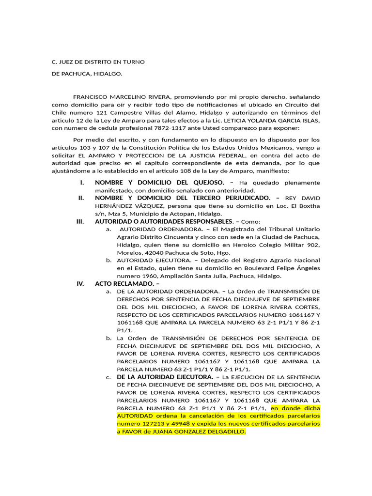 Solicitud de Amparo Agrario en Hidalgo | PDF | Herencia | Derecho ...