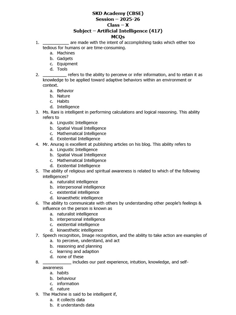 Class X AI MCQs for CBSE 2025-26 | PDF | Machine Learning | Artificial ...
