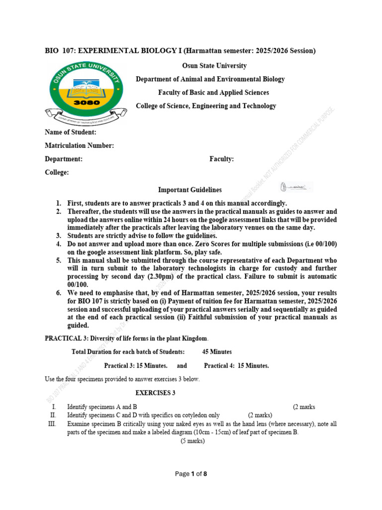 BIO 107 Practical Guidelines and Exercises | PDF | Organisms | Biology