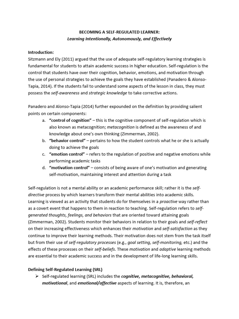 Lesson 3 Becoming A Self-Regulated Learner | PDF | Metacognition | Self ...