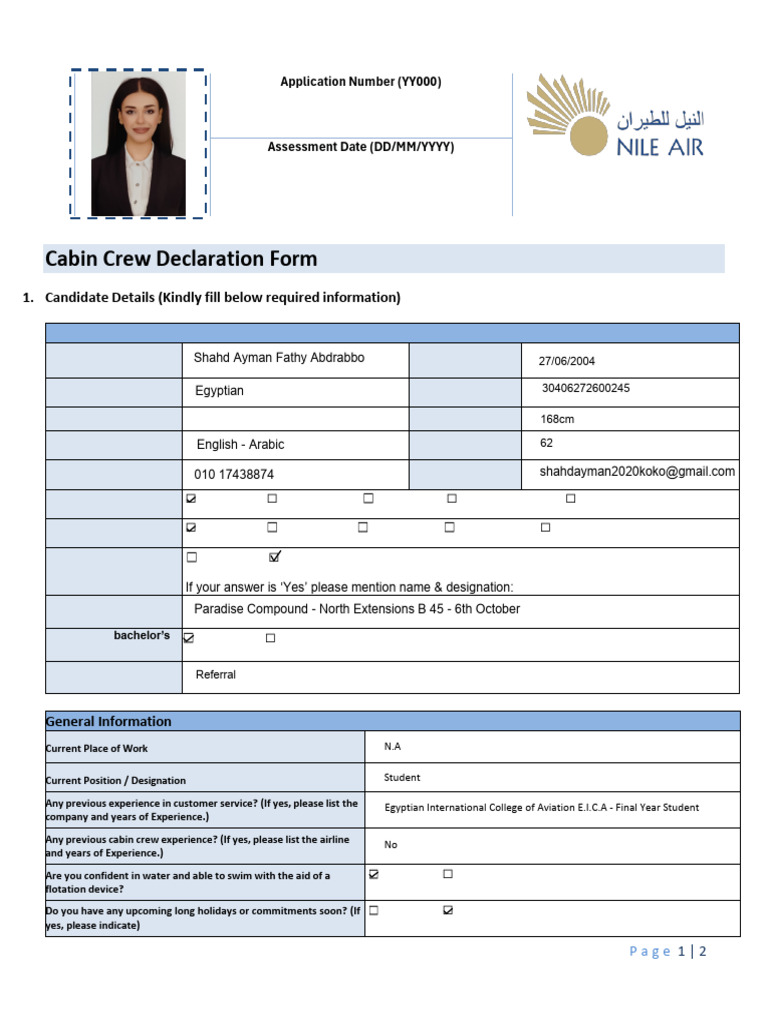 Nile Air - Cabin Crew Declaration Form | PDF