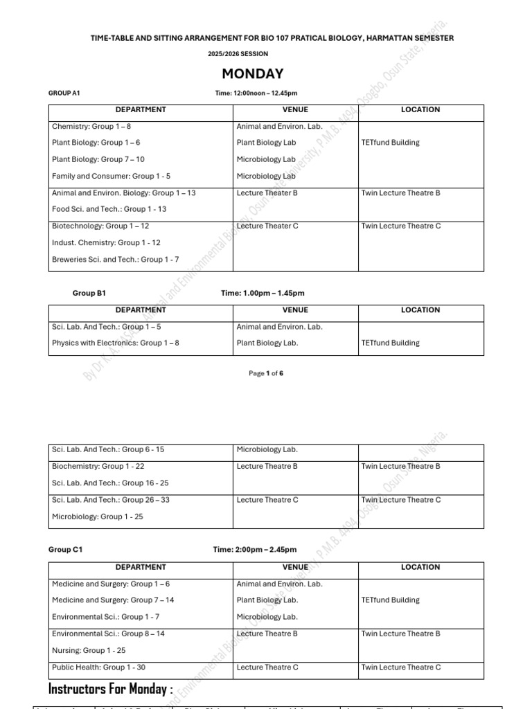 Bio 107 Practical Timetable 2025/26 | PDF | Biology | Life Sciences