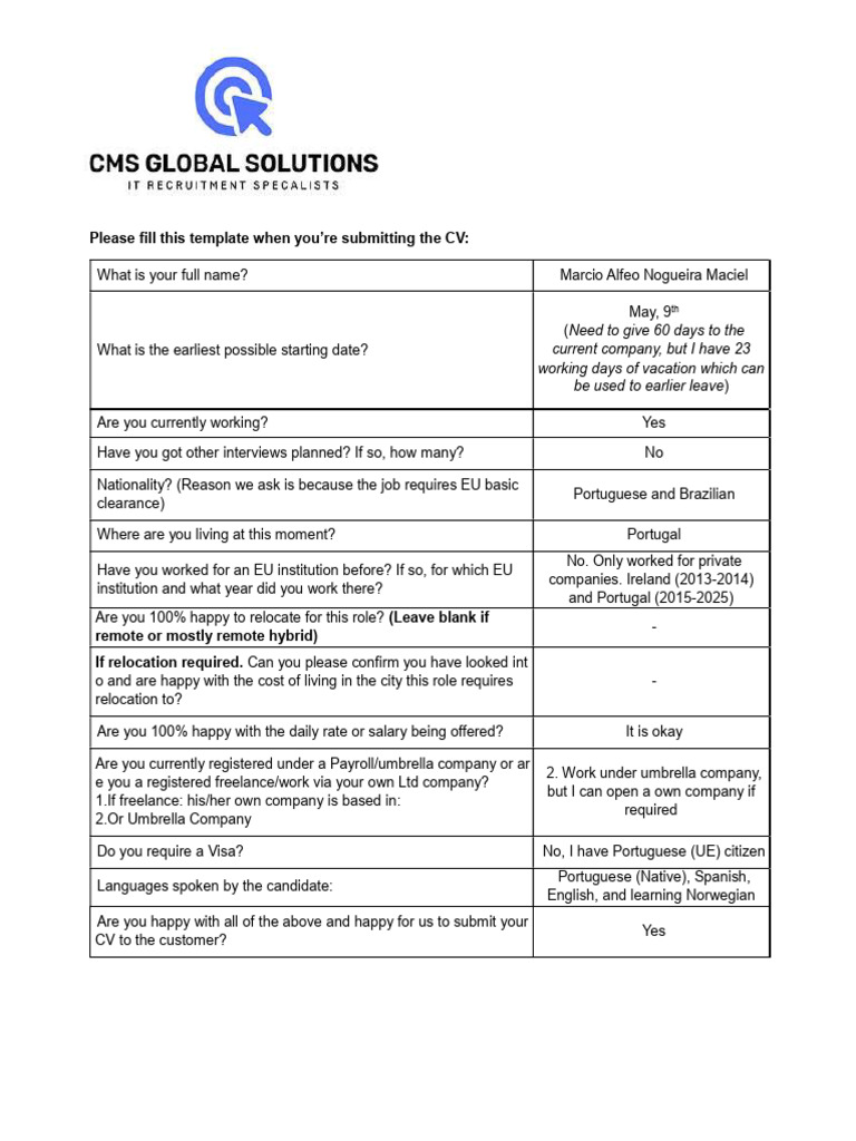 CMS Global Solutions - Questionaire - Marcio a Maciel | PDF | Cost Of ...