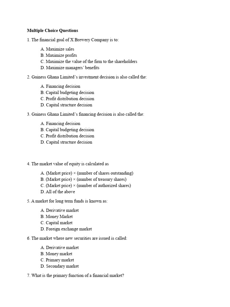 Financial Concepts Multiple Choice Questions | PDF | Financial Risk ...