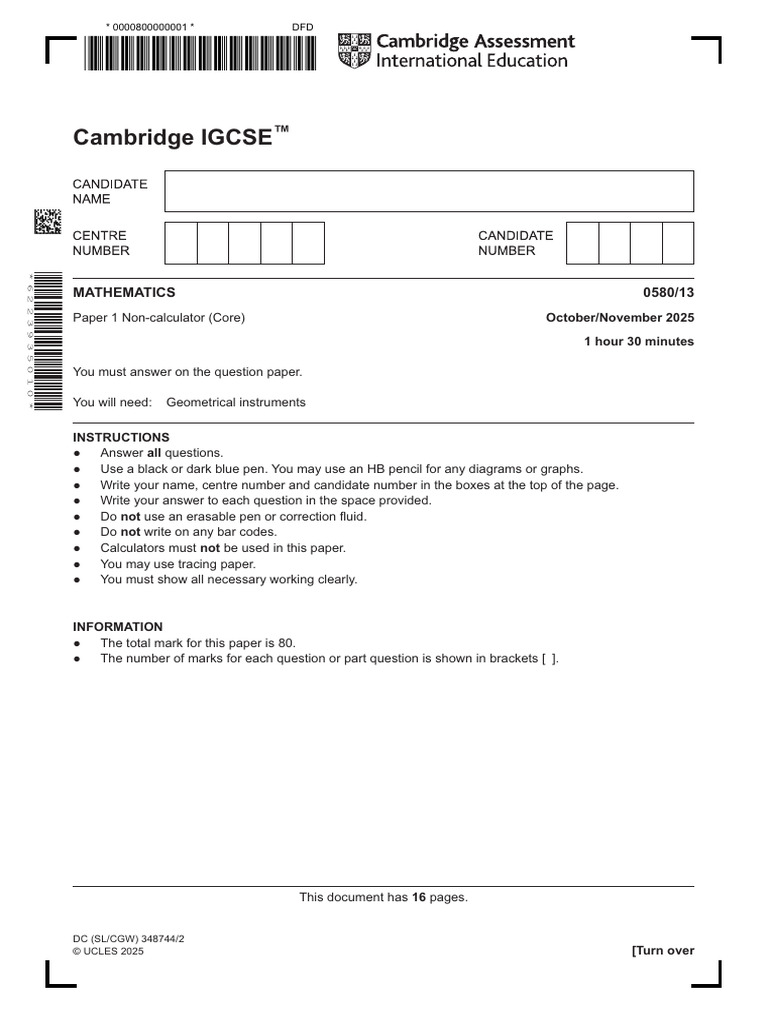Cambridge IGCSE Mathematics Paper 1 | PDF | Area | Volume