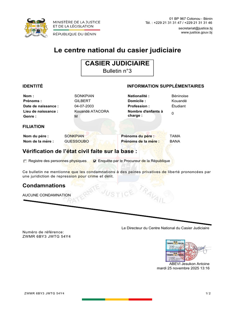 Bulletin n°3 du casier judiciaire de Gilbert Sonkpian | PDF
