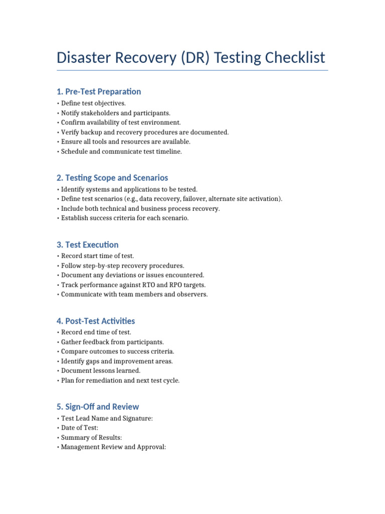 Disaster Recovery Testing Checklist Guide | PDF