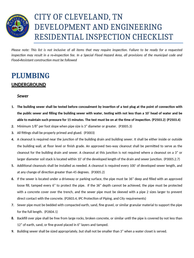 4 - Plumbing Inspection Checklist | PDF | Water Heating | Sanitary Sewer