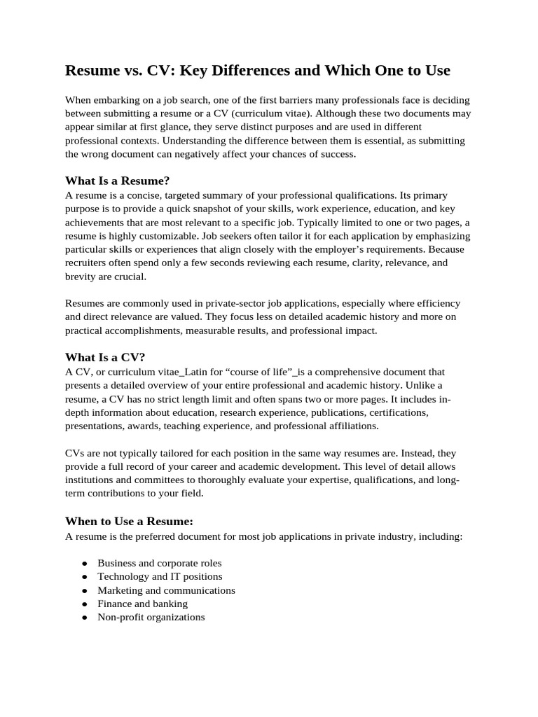 Resume vs. CV: Key Differences Explained | PDF | Résumé